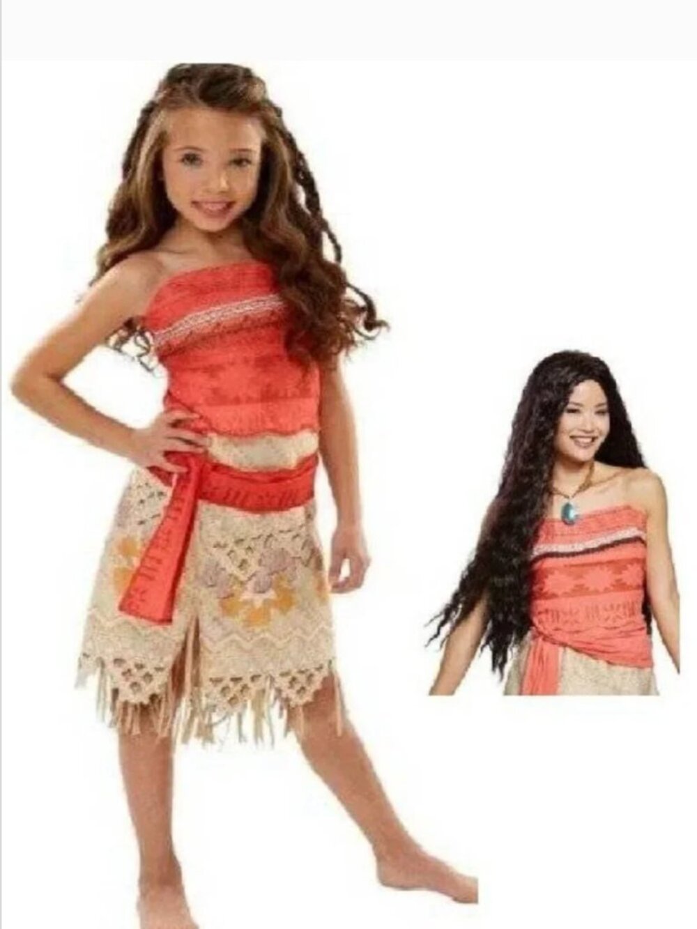 Moana & Wig Halloween Costume 4/6 Halter Top & Skirt Girls 3 Pc Disney